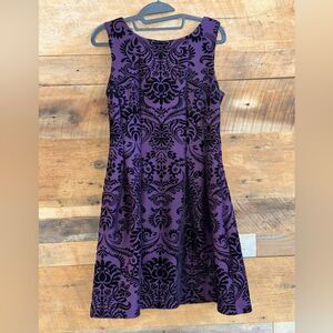 Gabby Skye Damask Velvet Fit And Flare Dress. Purple/black